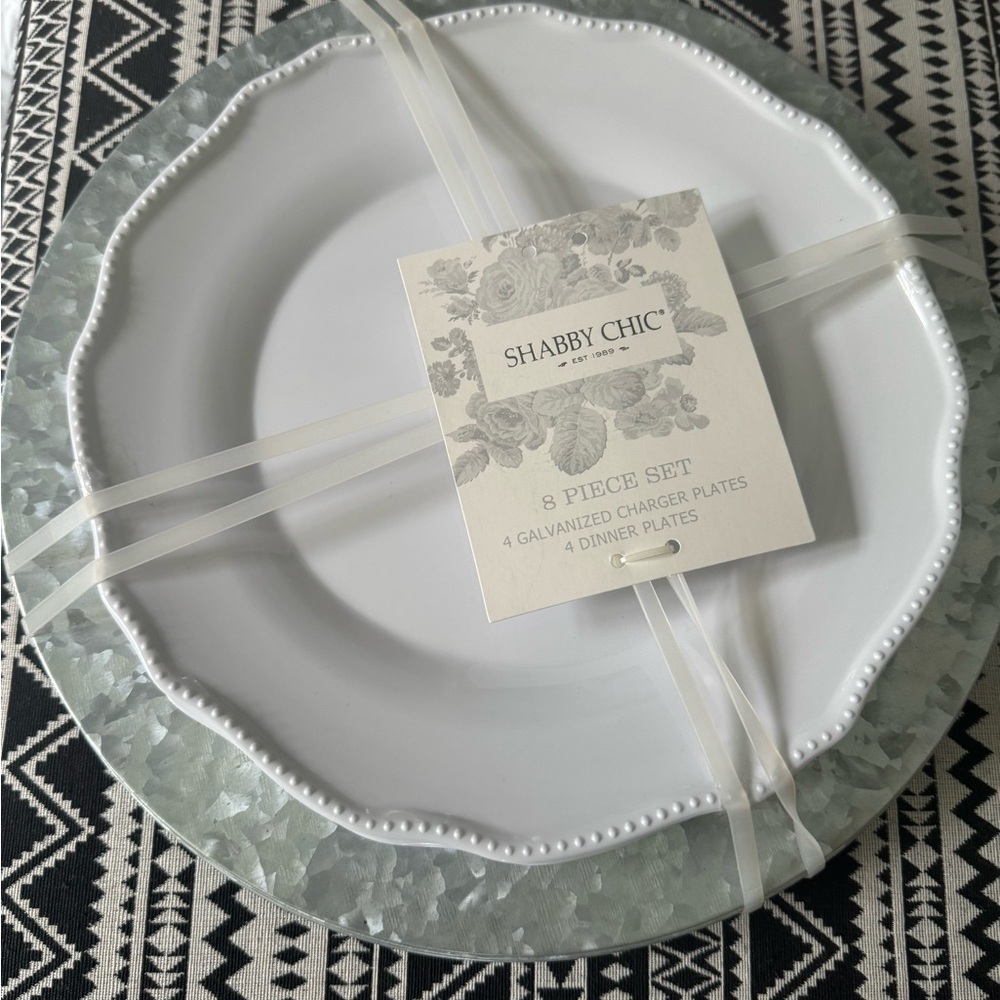 Shabby Chic Charger Galvanized plates 4 metal + 4 beaded dinner set